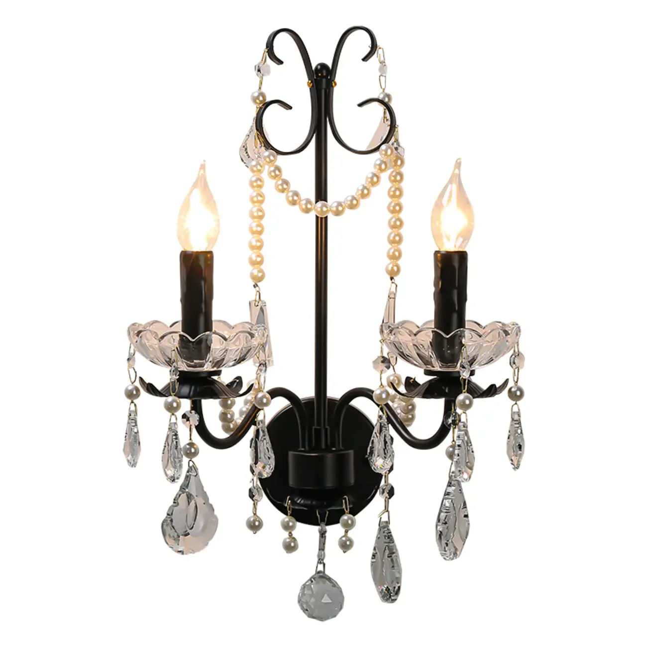 Black Modern 2-Light Candelabra Wall Sconce with Crystal