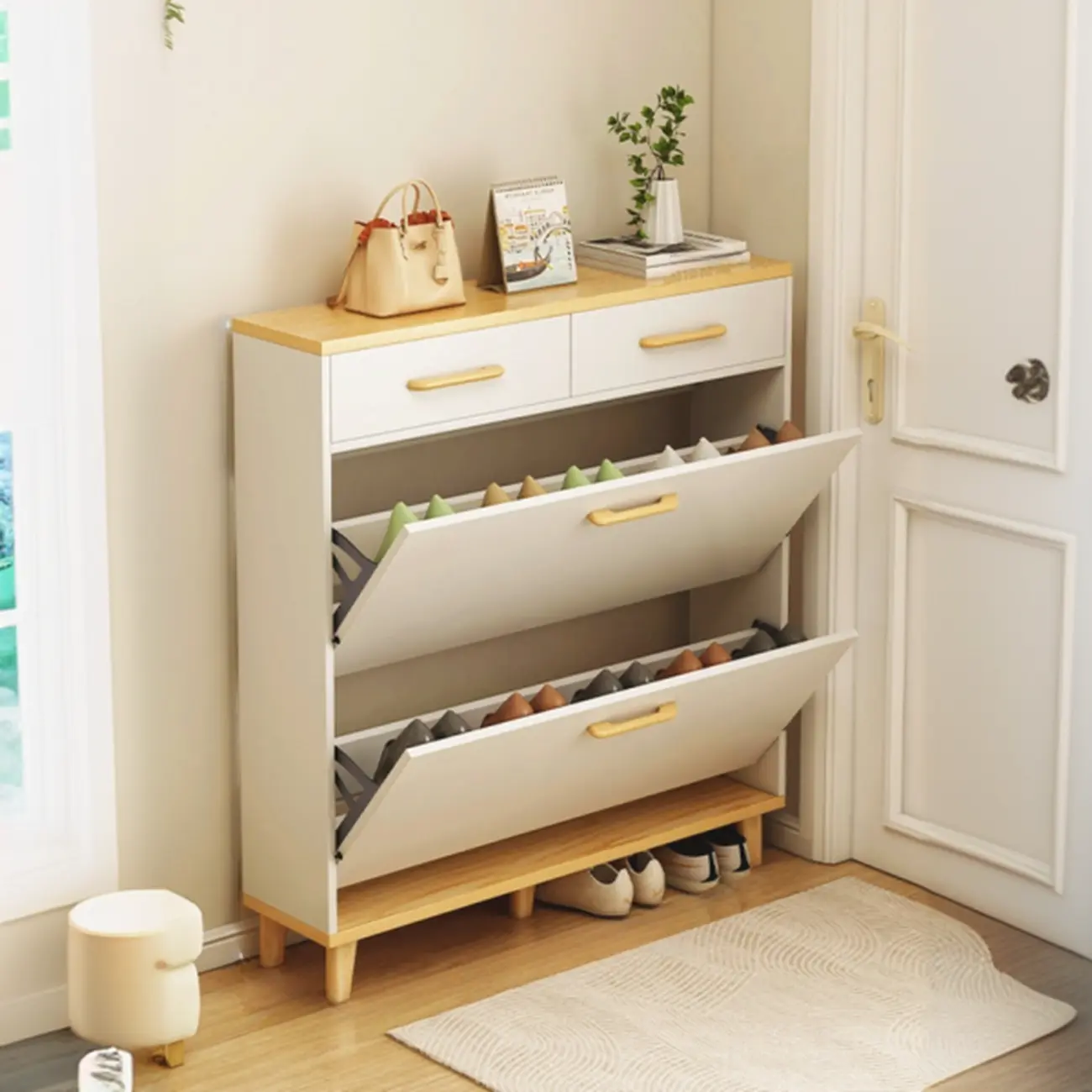 Entryway Modern Wood Shoe Cabinet with Flip-Out Drawer