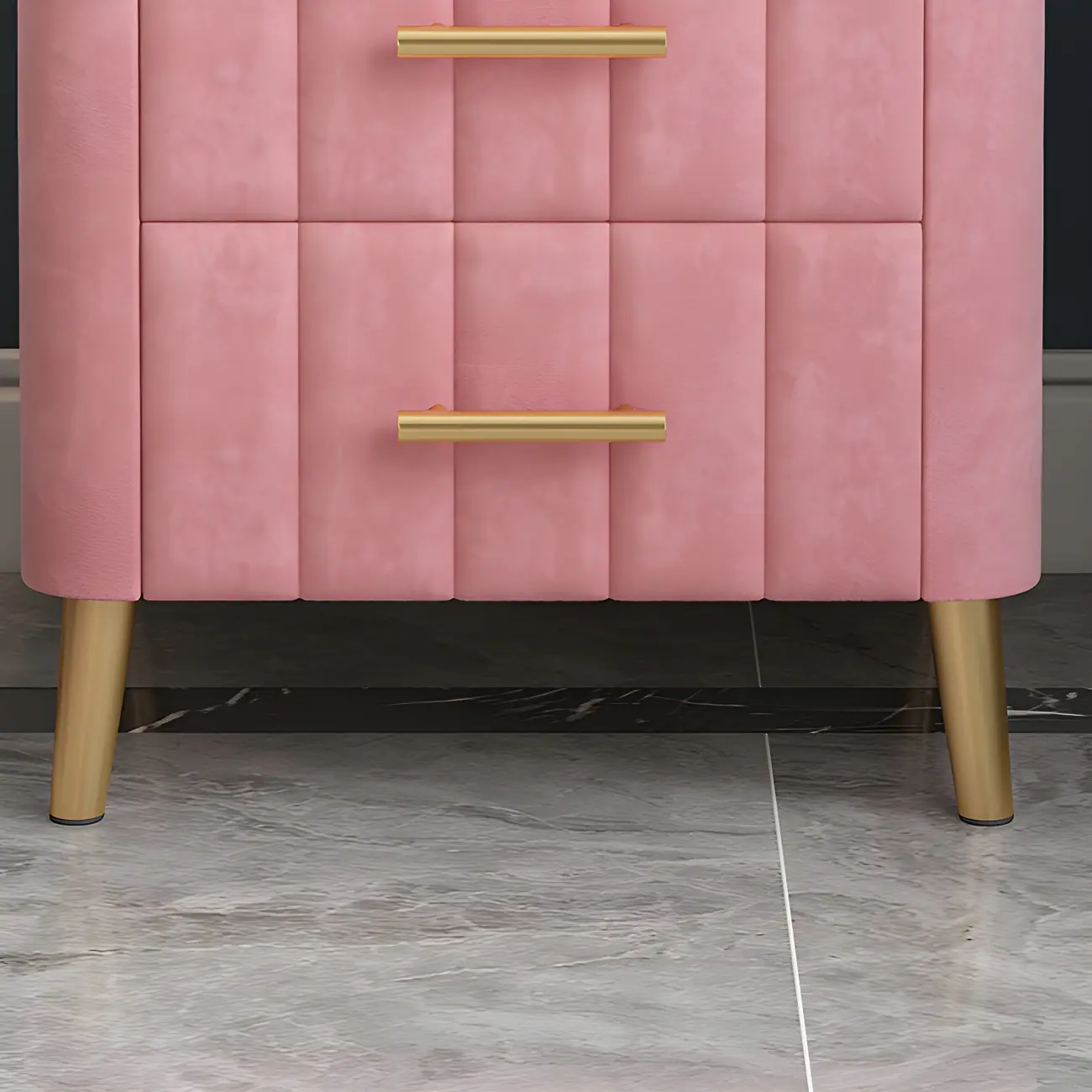 Glam Pink Leather Bedside Table with Marble Top 3 Drawers