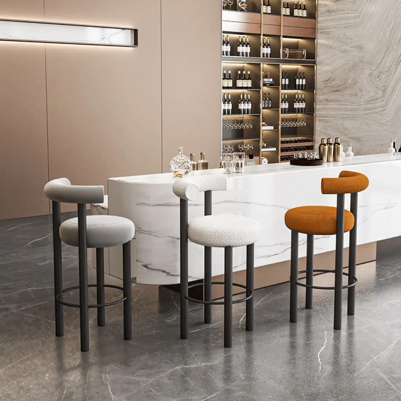 Modern Black Round Upholstered Bar Stool