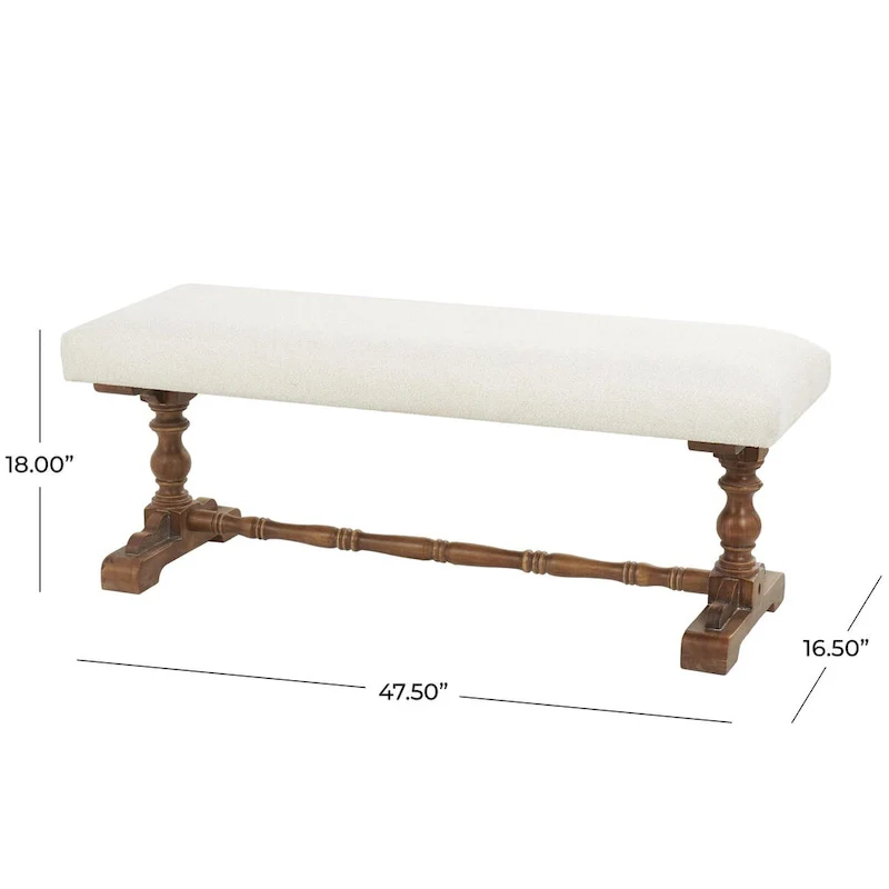 Cream Fabric Bench with Brown Turned Legs - Seats 2