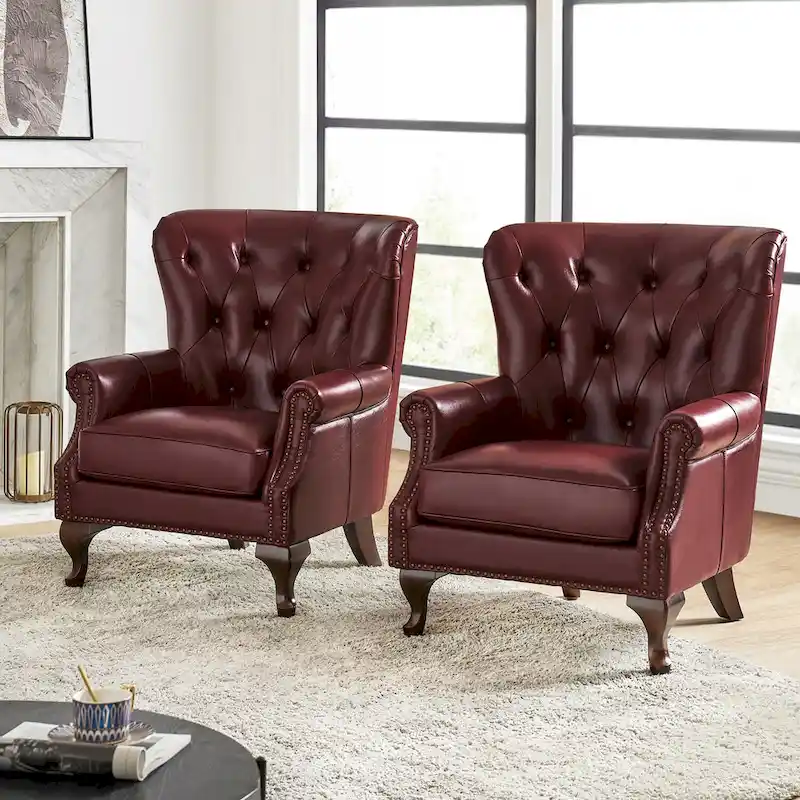 Gerhard Genuine Leather Armchair with Nailhead Trims and Removable Cushion Set of 2 by HULALA HOME