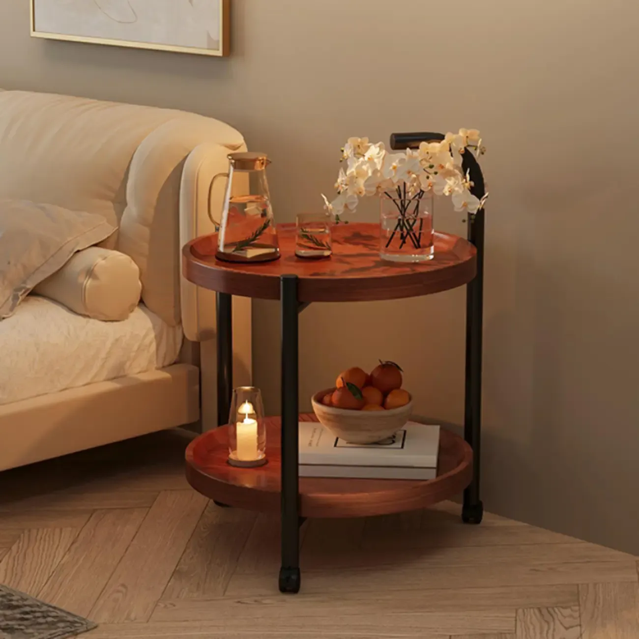 Modern Round 2-Tier Wooden End Table with Storage