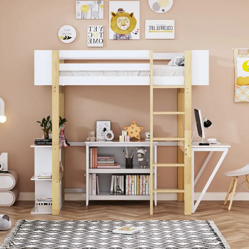 Twin Size Loft Bed with Foldable Desk, Wood Loft Bed Frame with Built-in Storage Cabinet and Cubes