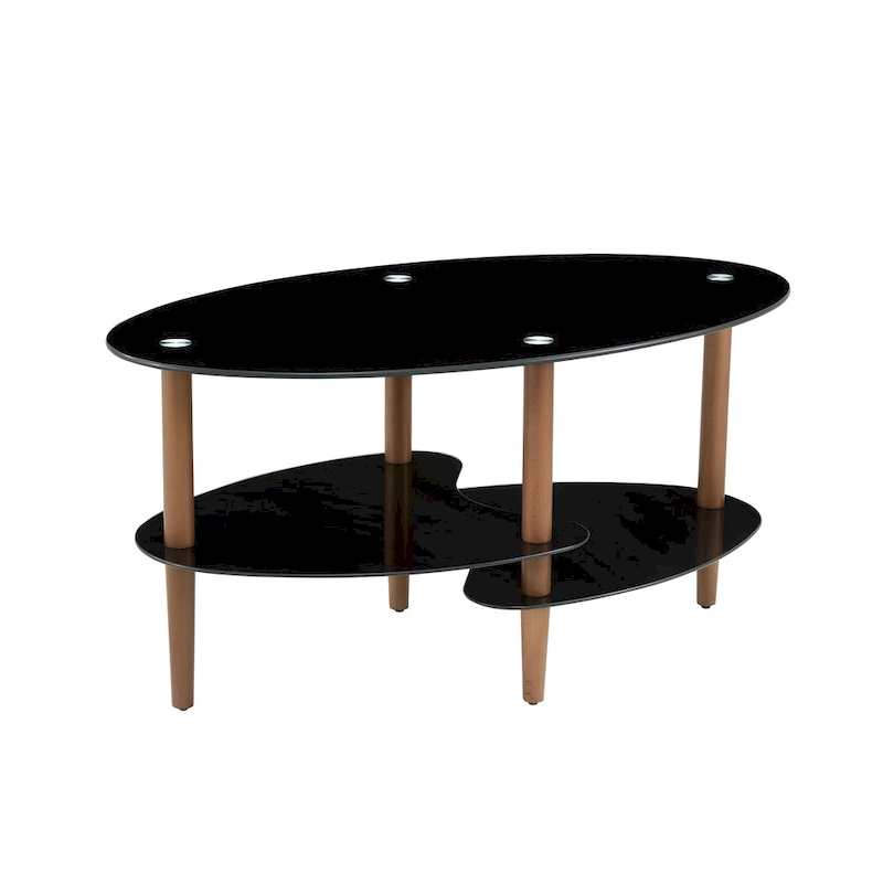 Oval glass coffee table, Transparent coffee table, modern table in living room with Oak wood legs, tea table