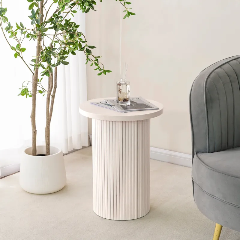 Round Wood End Table Fluted Pedestal Side Table