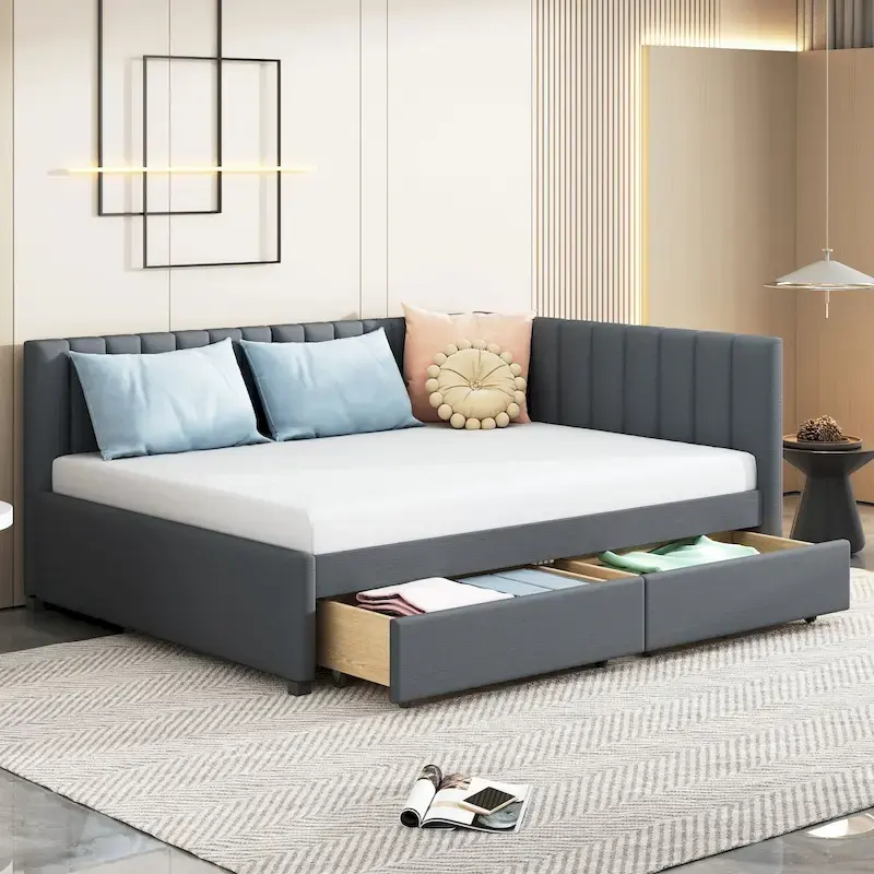 Gray Modern Full Size Upholstered Daybed with Two Storage Drawers for Bedroom