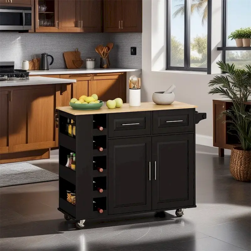 Multi-Functional Kitchen Island Cart with 2 Door Cabinet and Wine Rack - N/A