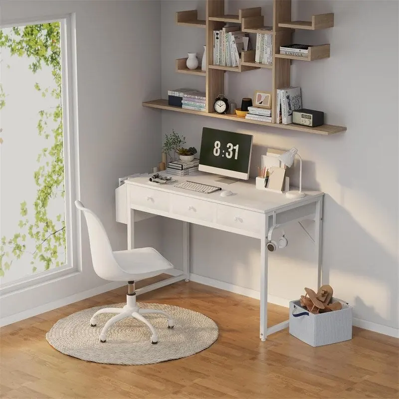 Small White Computer Desk with Fabric Drawers