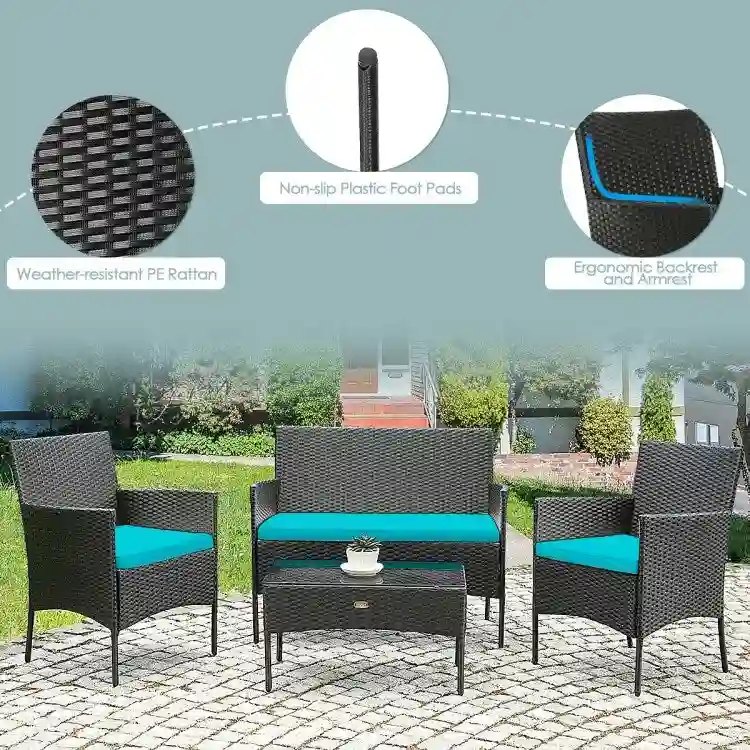 4 Pieces Patio Rattan Cushioned Sofa Set with Tempered Glass Coffee Table - 24 x 23.5 x 33 (L x W x H)