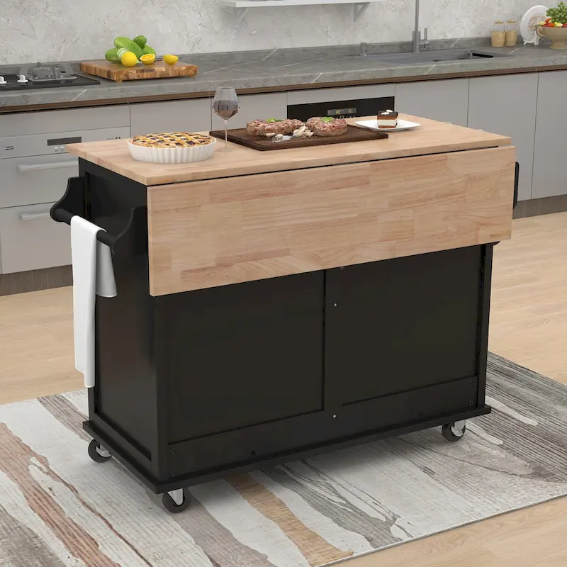 Kitchen Cart With Rubber Wood Drop-Leaf Countertop(no include stool)