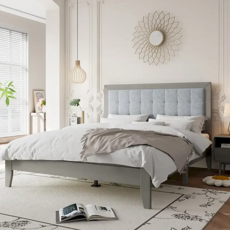 Solid Wood Platform Upholstered Headboard Queen Bed