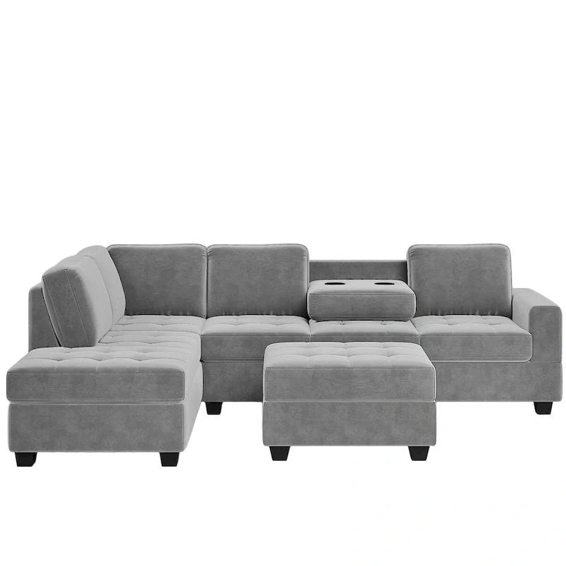 112-inch Modern L-shaped Sectional Sofa with Reversible Chaise, Storage Ottoman and Two Cup Holders - 112W x 80D x 33.7H
