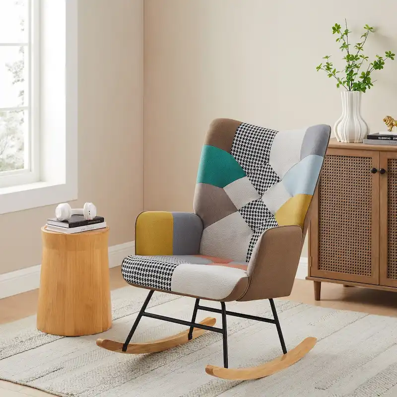 25.2 Wide French Patchwork Linen Upholstered Nursery Rocking Chair with Wood Legs
