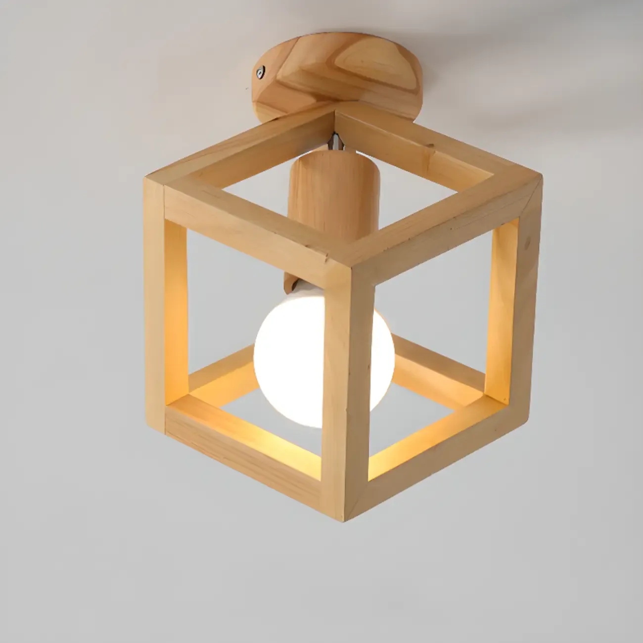 Natural Rubber Wood Cube Shade Semi Flush Ceiling Light