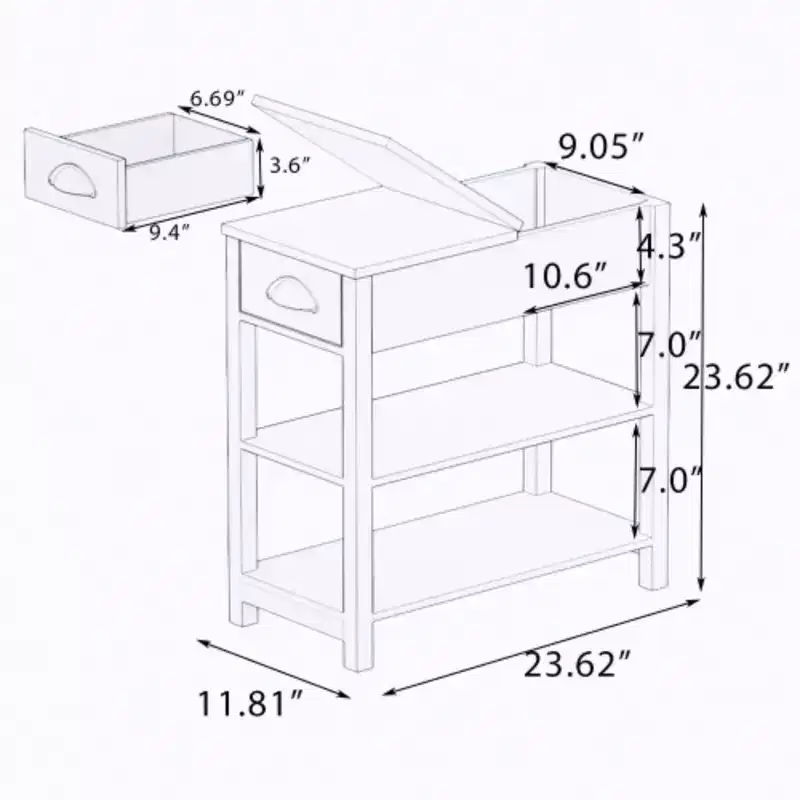 White Flip-Top Narrow Side Table with Storage Shelf, 1-Piece