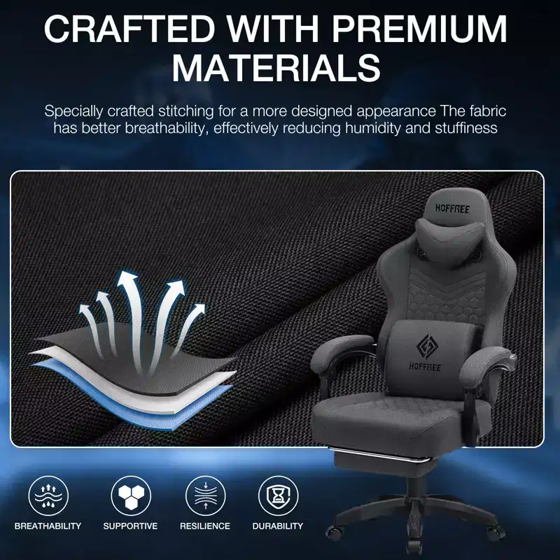 Hoffree Breathable Fabric Massage Gaming Chair Ergonomic Office PC Chair with Footrest & Adjustable
