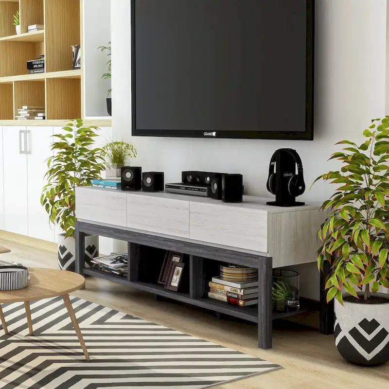 Modern Two-Tone TV Stand with Drawers and Open Shelves
