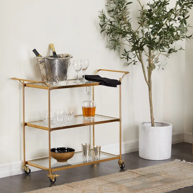 Metal Rolling 3 Glass Shelves Bar Cart with Lockable Wheels - Brass - Roche River Decor - 14W x 38L x 31H