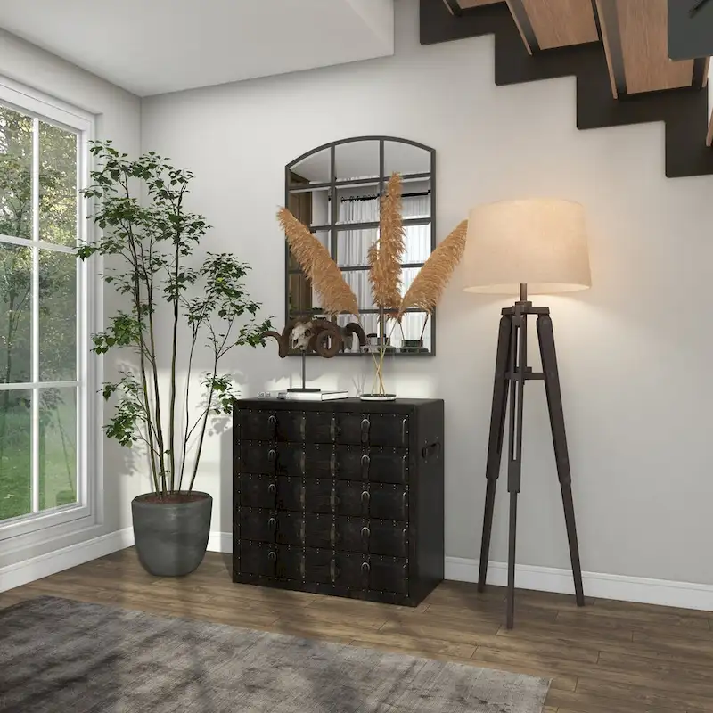 Wooden Vintage Faux Leather Room Chest with Buckles and Straps Detailing - Black