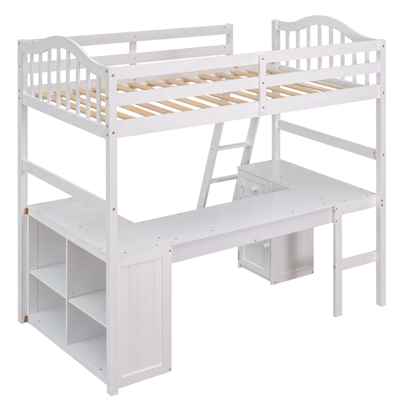Twin Wooden Loft Bed with Desk and Shelves