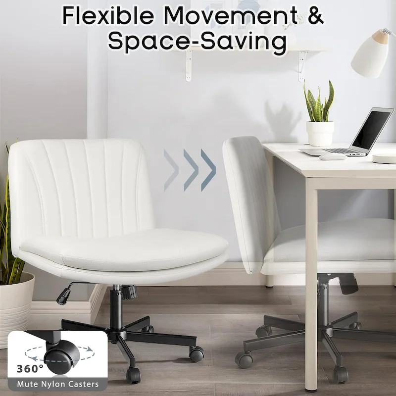 Bossin Criss Cross Chair with Wheels,PU Leather Armless Cross Legged Office chair, Adjustable Wide Seat Task Vanity Chair