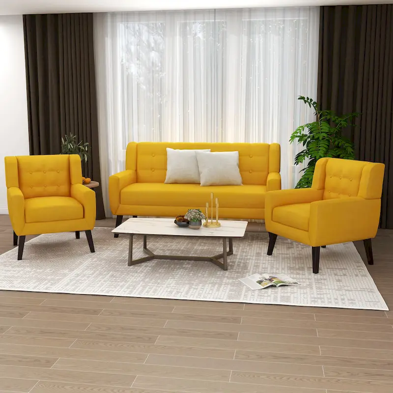 3-Piece Tufted Linen Loveseat & Armchair Set, Beige/Grey/Yellow/Blue/White/Light Blue, Seats 3+