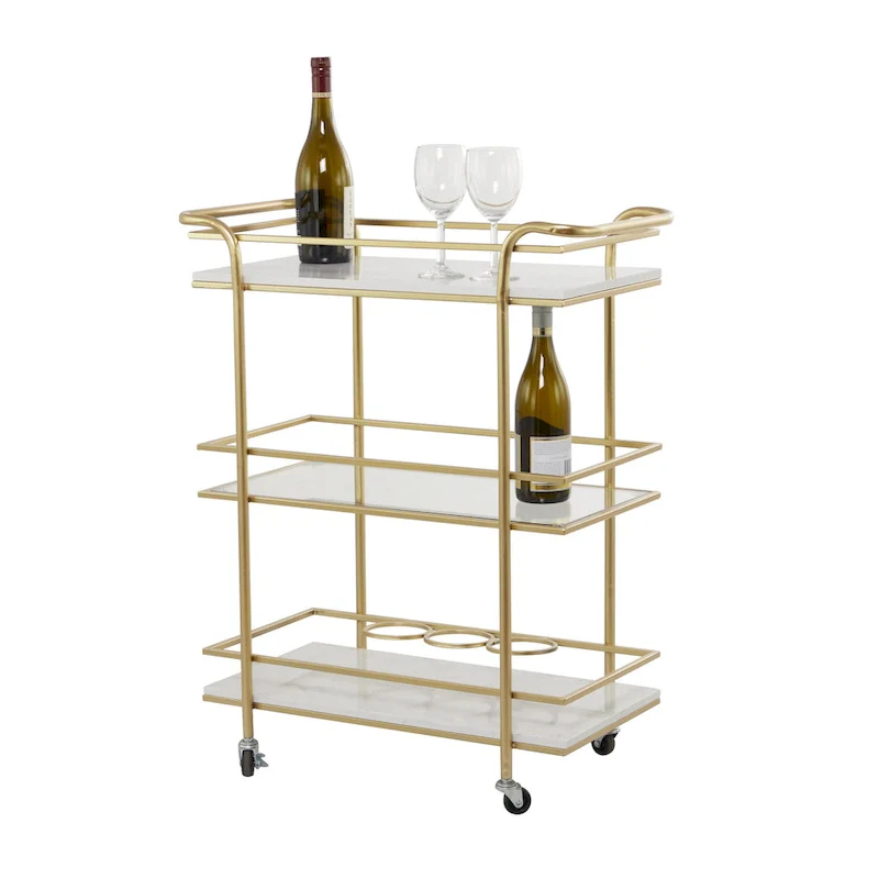 Marble Rolling 1 Glass and 2 Marble Shelves Bar Cart with Handles - Gold - Roche River Decor