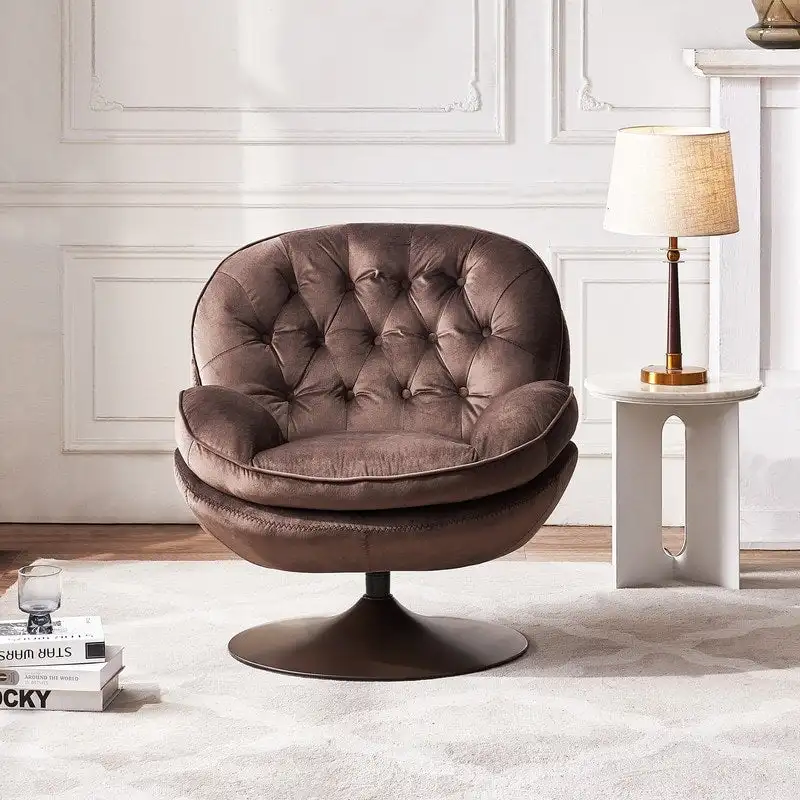 Velvet Swivel Accent Chair with Ottoman Round Reading Accent Chair Foot Stool Ottoman Set,360 Swivel,Metal Frame