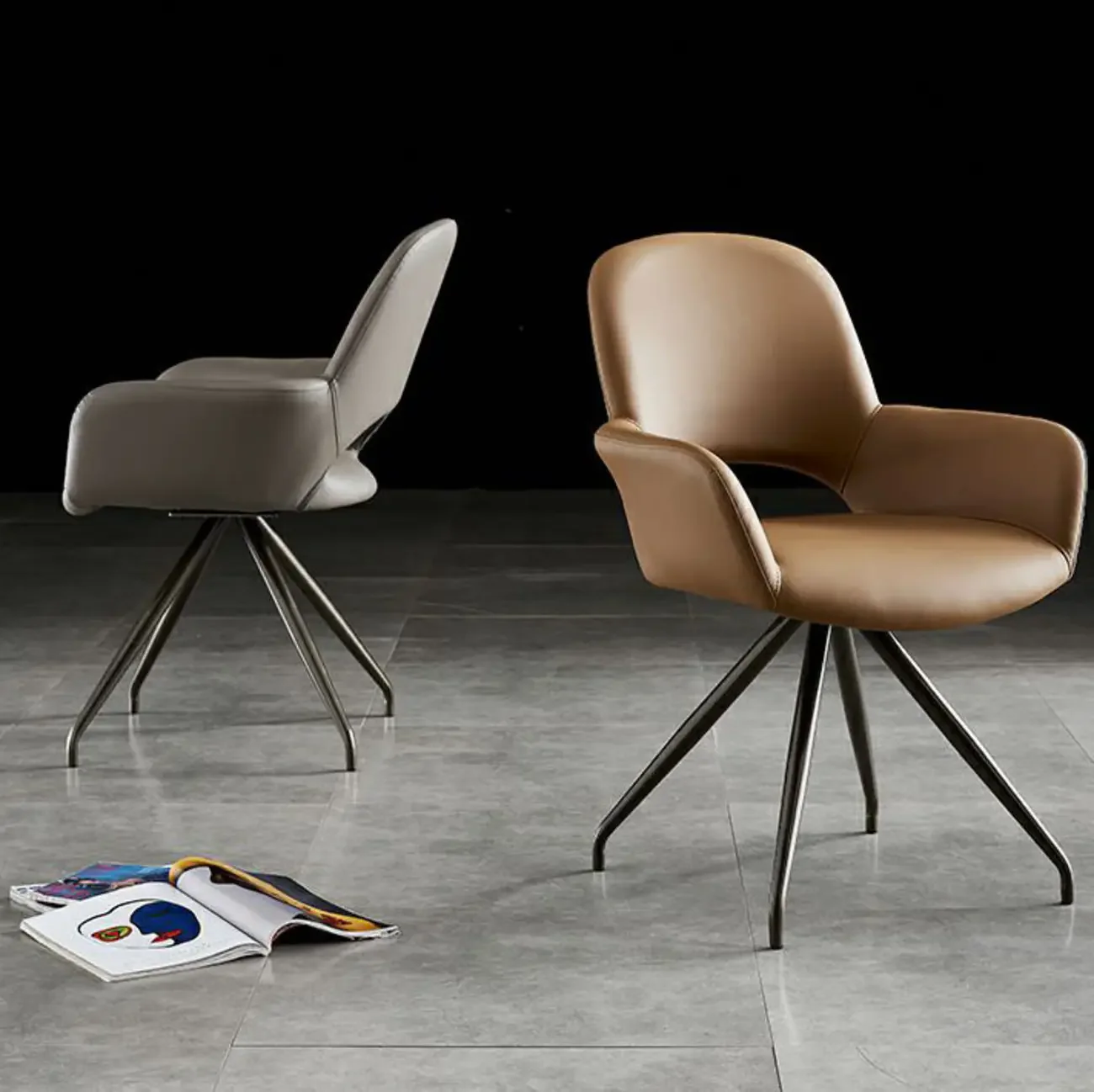 Grey Faux Leather Swivel Arm Dining Chair