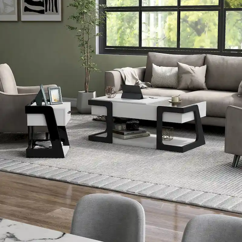 DH BASIC 2-Piece Modern White Lift-top Coffee Table and End Table Set by Denhour