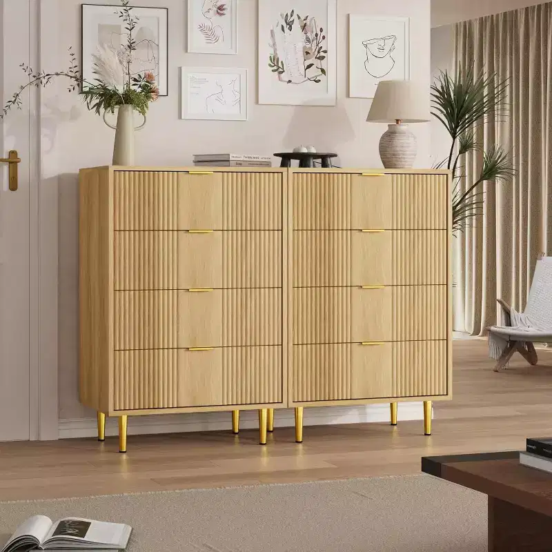 Natural Wood Grain / Olive Green / Warm White 5-Drawer Tall Fluted Dresser