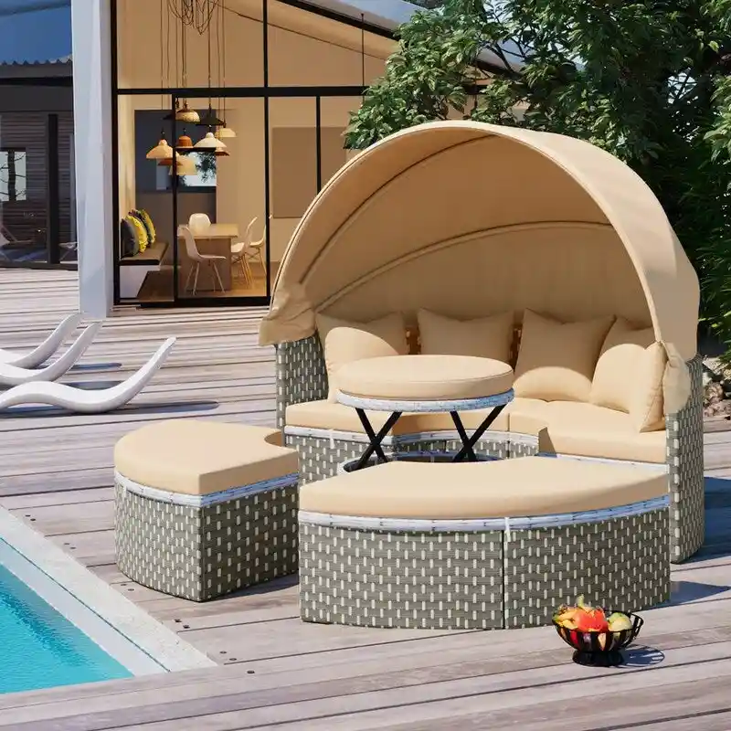 Round Patio Sectional Sofa Set  Two-Tone Rattan Daybed with Retractable Canopy & Modular Seating