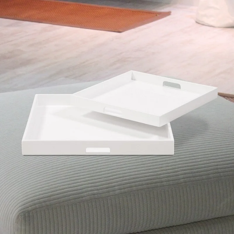 Allan Andrews White Lacquer Square Wood Tray Set with Handles
