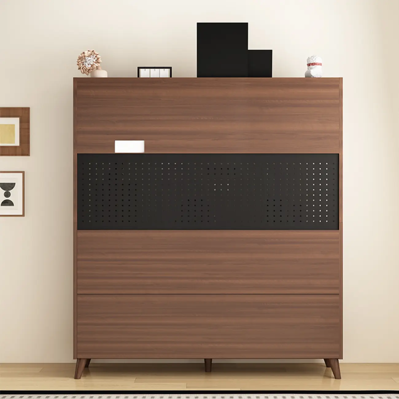 Wide Brown Wooden Pegboard Back Sideboard with Hutch