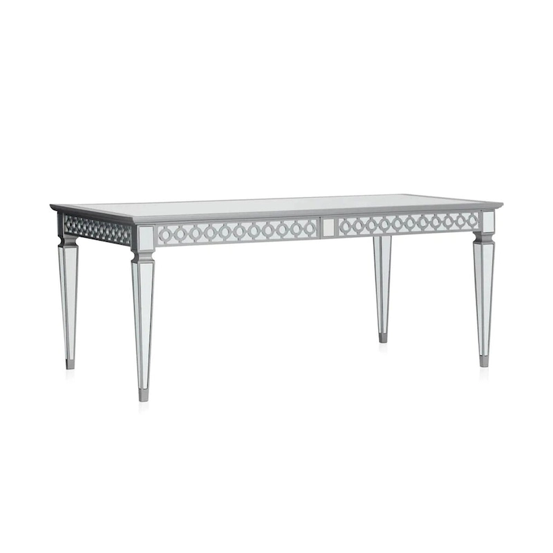 Ada 72-90 Inch Dining Table, Extendable Rectangular Top, Mirrored, Silver