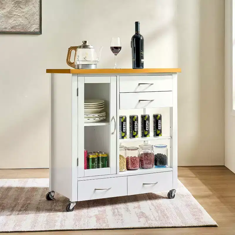Kitchen Island Cart with Glass Cabinet Door, 4 Drawers, Towel Bar, White & Oak, 33