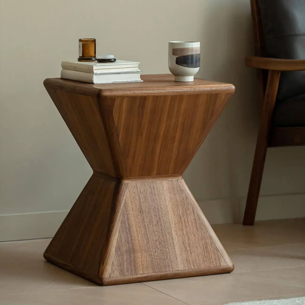 Small Art Deco Geometric Wood Side Table for Living Room
