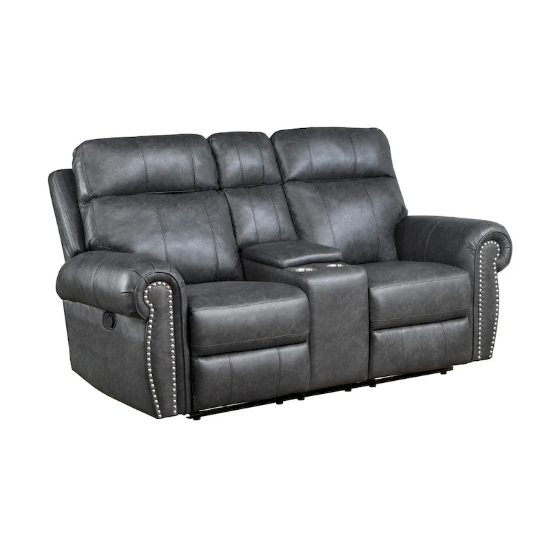 Ville 75 Inch Manual Recliner Loveseat, Storage Console, Gray Faux Leather