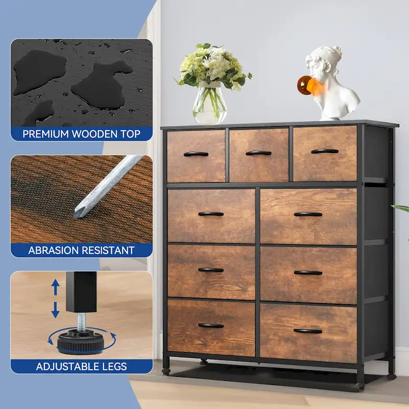 Moasis Rustic Wood-grain Badroom Dresser with Metal Frame, Wooden Top