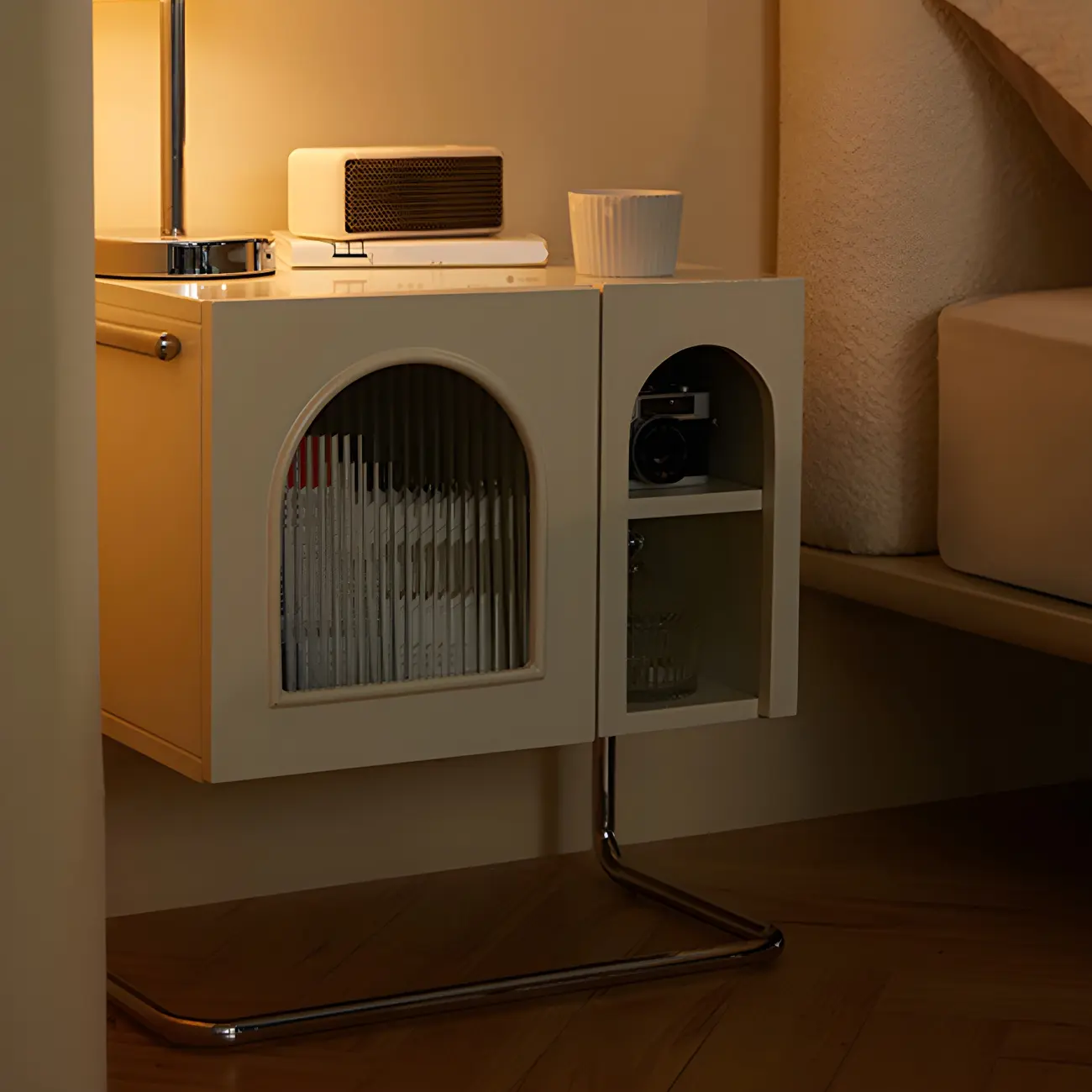 Narrow Cubic Wooden Black Nightstand in Steel Base