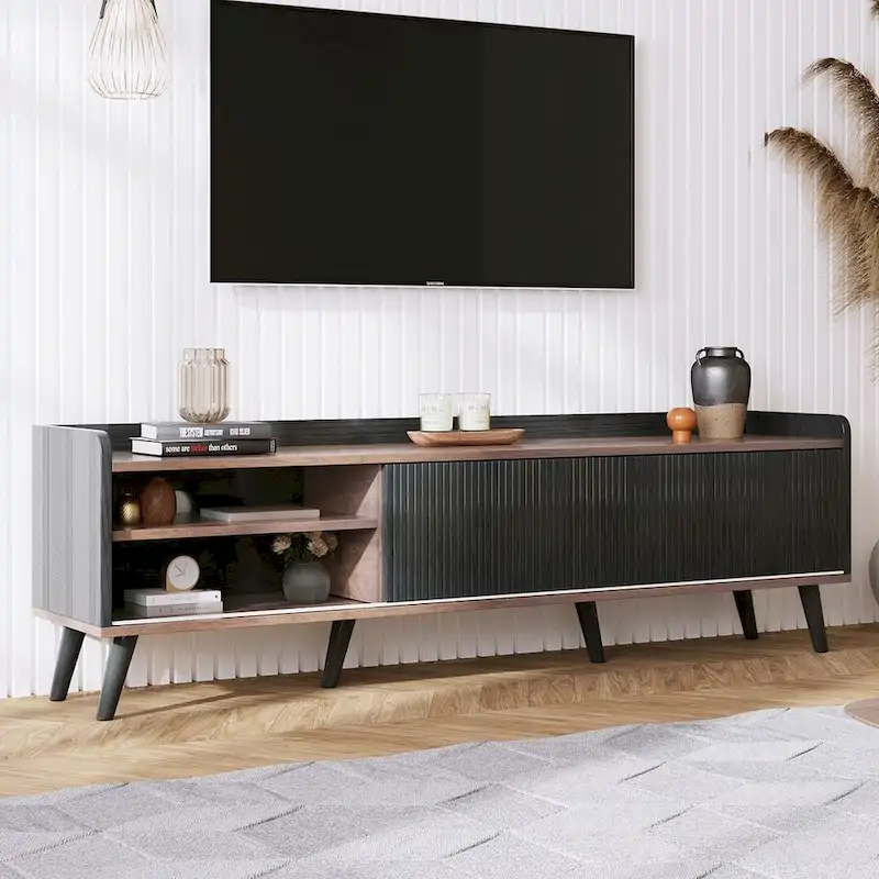 63 Inch Mid Century Modern TV Cabinet Dark Brown Black