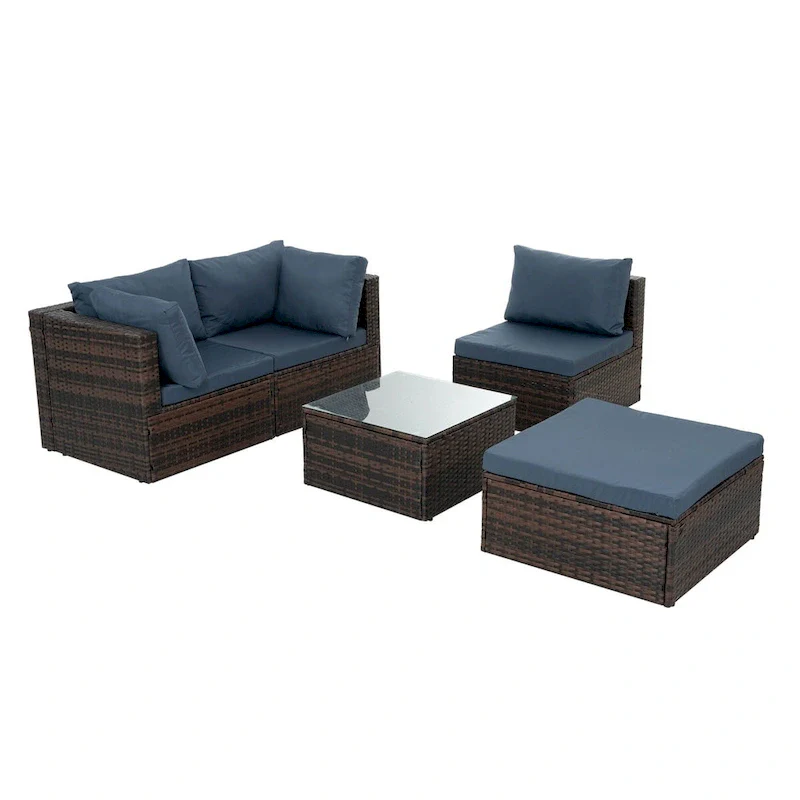 5 Set Wicker Furniture With Tempered Glass Coffee Table
