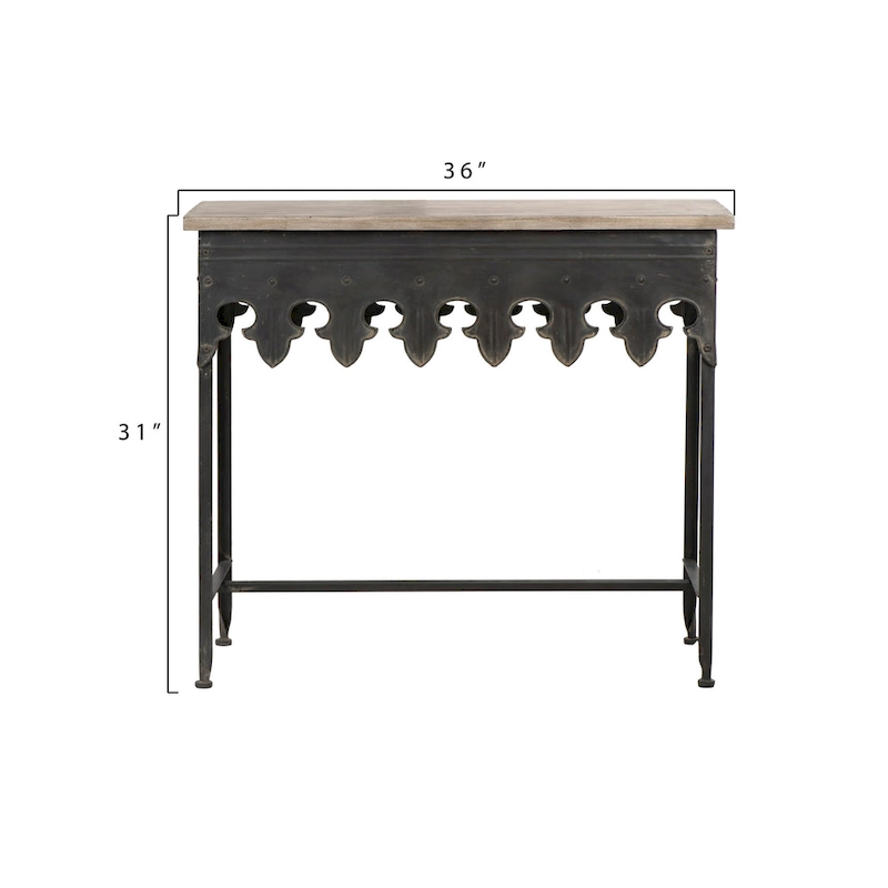 Zinc-Finished Metal and Wood Scalloped Edge Sofa Table
