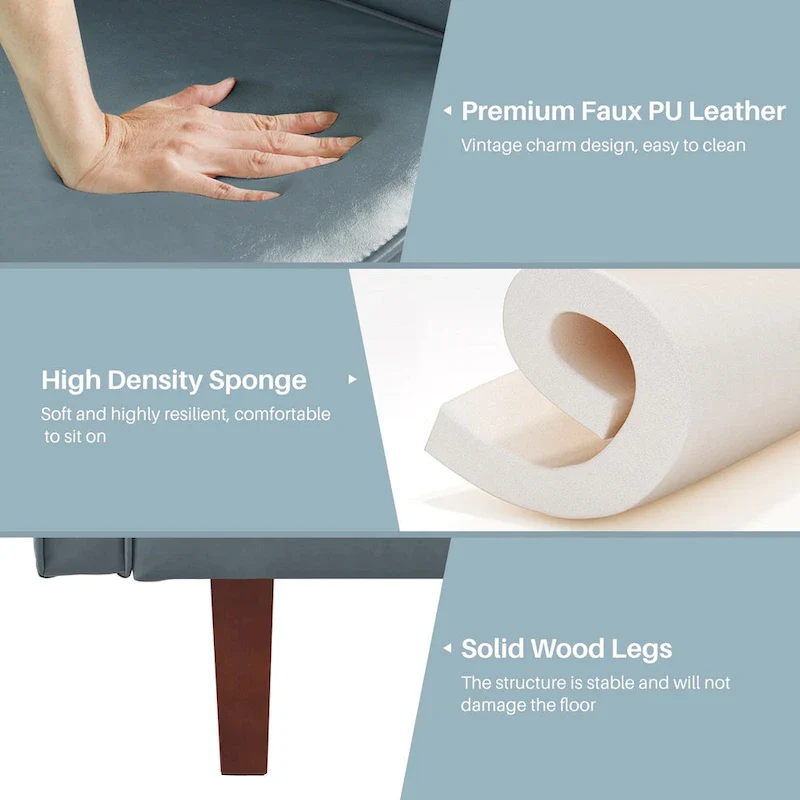 74.4 L Faux Leather Full Handcrafted Button Tufted Sofa 3-Seat, Convertible Sleeper Couch Adjustable Backrest