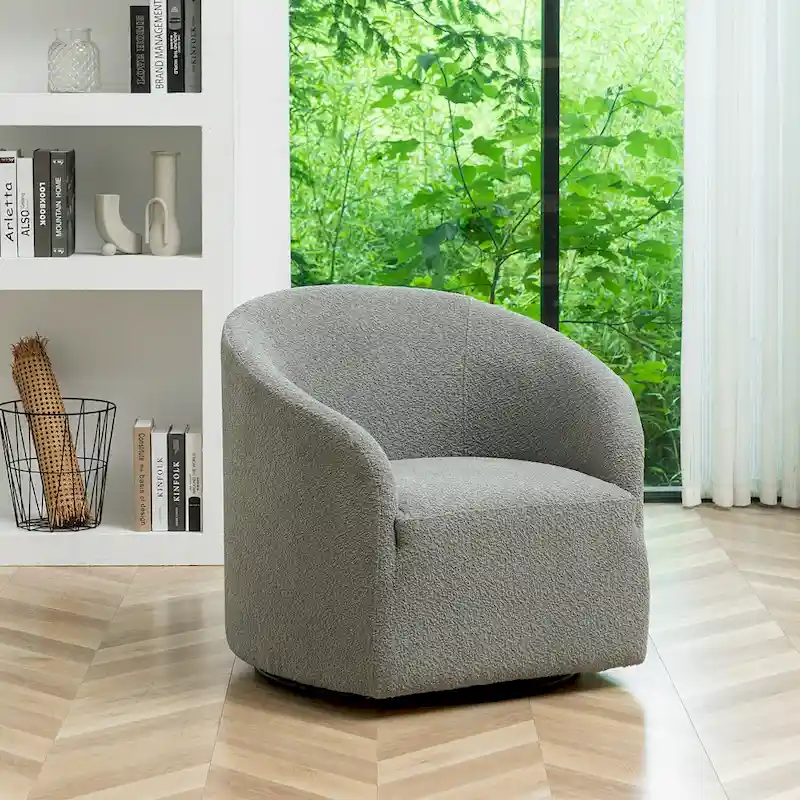 KINWELL 32W Boucle Upholstered Swivel Barrel Accent Armchair