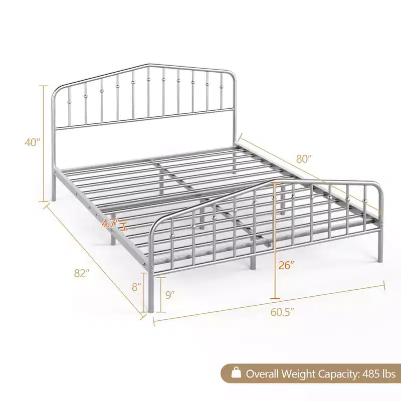 Queen Size Metal Bed Frame Platform Headboard & Footboard W/Storage Sliver