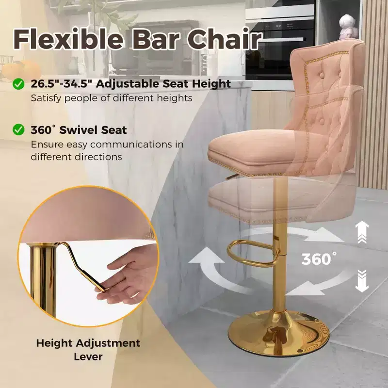 Set of 2 Bar Chairs Dutch Velvet Bar Stool with Footrest Metal Base Anti-Slip Ring Pink/Beige/Grey