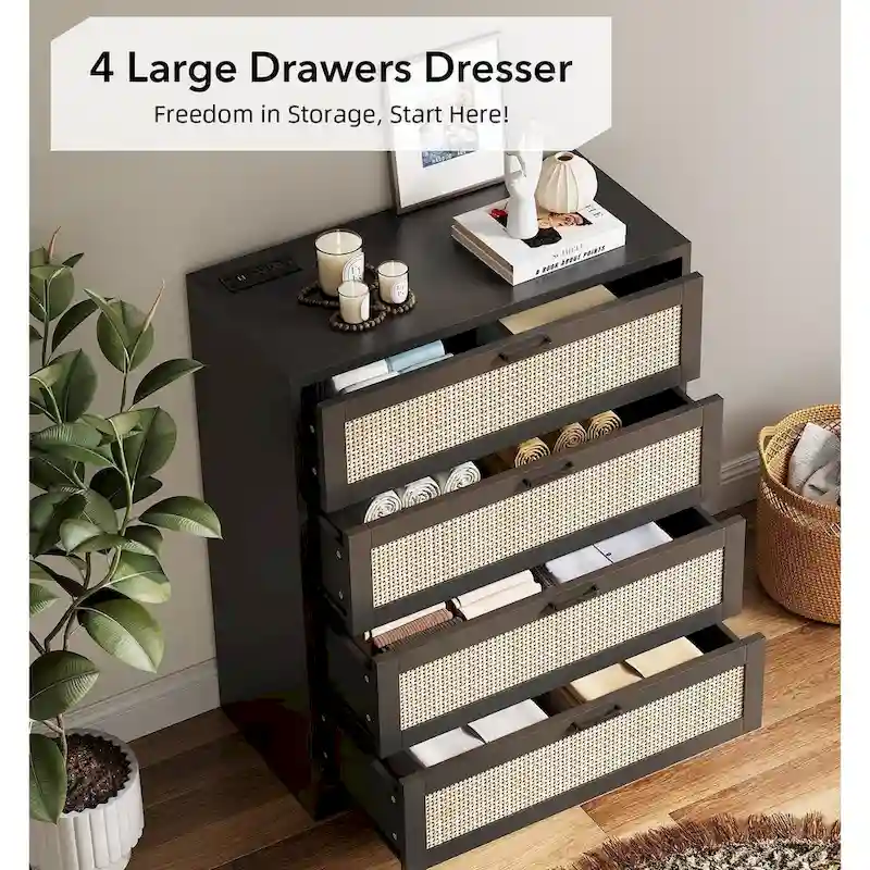 Wood Rattan 4-Drawer Dresser with Power Outlets (31.49