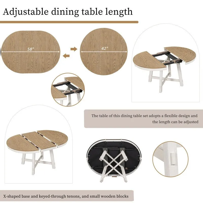 Farmhouse Dining Table Set Wood Round Extendable Dining Table and 4 Upholstered Dining Chairs